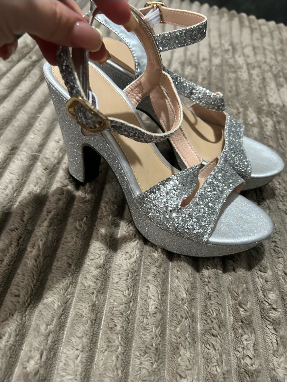 Silver Glitter Platform Block Heel Sandals - Women - Picture 2 of 4
